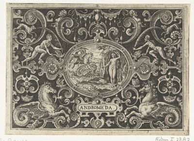 Kartusj: Perseus frigjør Andromeda ANDROMEDA (tittel på objekt) av Abraham de Bruyn