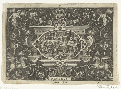 Cartouche: Phineus forstyrrer bryllupet til Perseus og Andromeda PERSEUS (tittel på objekt) Ovale kartusjer med scener fra Perseus liv i rammen av grotesker (serietittel) av Abraham de Bruyn