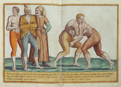 Turks wrestling, kostymer fra det sekstende århundre fra Omnium Poene Gentium Imagines, utgitt i Köln, 1577 (håndfarget gravering) av Abraham de Bruyn