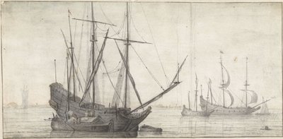 Seilskuter på stille vann nær kysten av Abraham de Verwer (possibly)