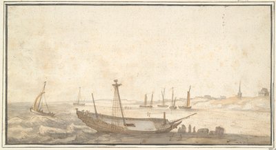 Strand med skip nær Scheveningen av Abraham de Verwer