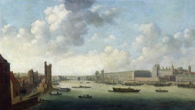 Perspektivutsikt over Paris perspektivbilde av Paris fra Barber Bridge nedstrøms, som viser Hôtel Bourbon, The Grande Galerie of Louvre, ca. 1640 av Abraham de Verwer