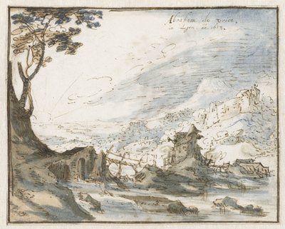 Fjelllandskap med en trebro av Abraham de Vries