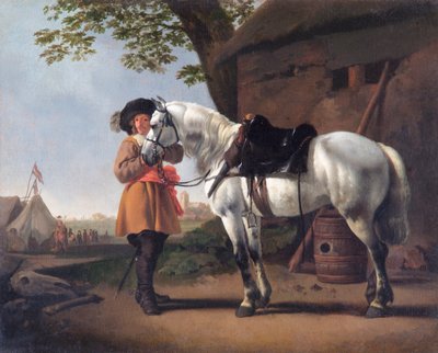 En kavaler med en grå hest (olje på lerret) av Abraham van Calraet