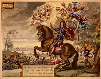 Charles II med en dedikasjon på fransk, med Old London Bridge i bakgrunnen, fra The Method and New Invention of Dressing Horses av William Cavendish, utgitt 1737 (2nd edn) (akvatint) av Abraham van Diepenbeeck