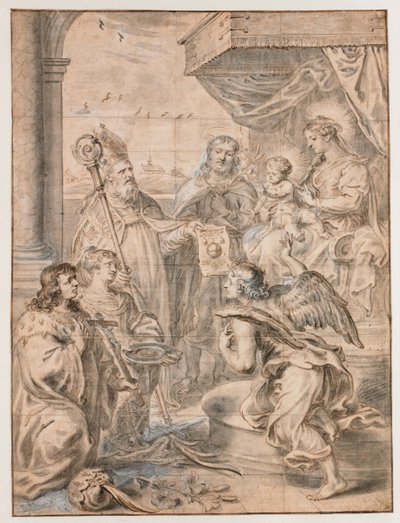 Maria med barn tronet tilbedt av tre helgener av Abraham van Diepenbeeck