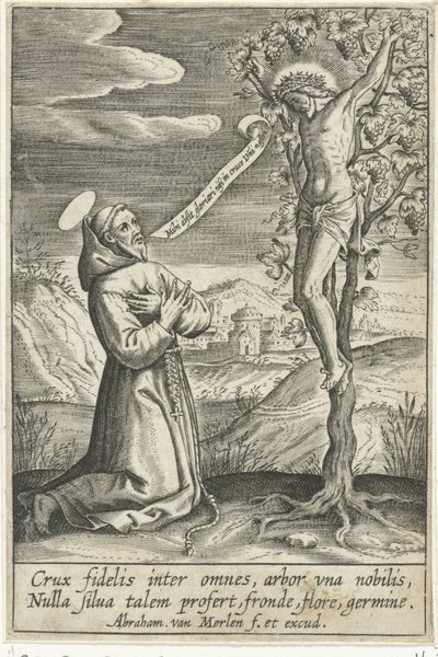 Knelende helgen før Kristus på korset av Abraham van Merlen