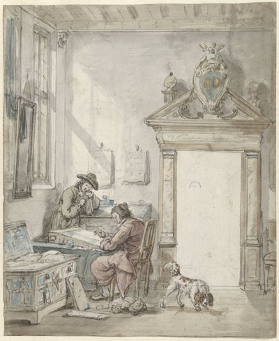Interiørscene med en skrivende mann ved et skrivebord av Abraham van Strij (I)