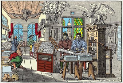 Interior of a printing factory in Nuremberg, Germany: workers at work, beginning of the 17th century - grav. by Abraham van Werdt. av Abraham van Werdt