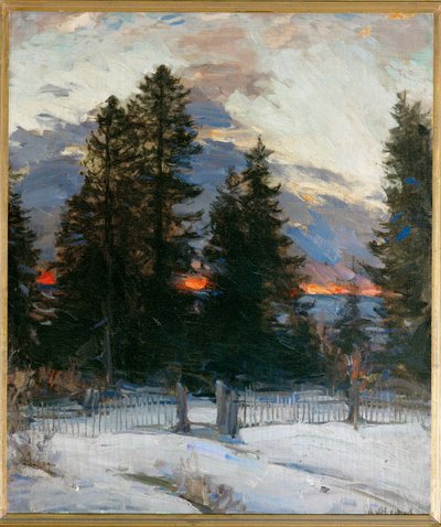 Solnedgang over et vinterlandskap (maleri på lerret) av Abram Efimovich Arkhipov