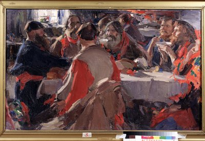 Te-tid (Te-drikking). Maleri av Abram Yefimovich Arkhipov (1862-1930). Olje på lerret, 79 x 31 cm. Russisk kunst, slutten av 1800-begynnelsen av 1900-tallet. Statens B. Kustodiev kunstgalleri, Astrakhan (Russland). av Abram Efimovich Arkhipov