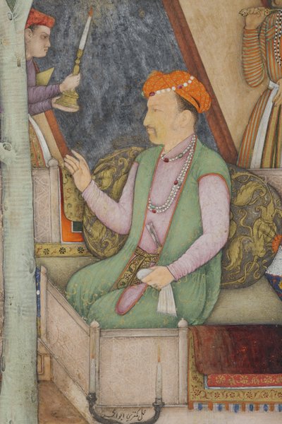 Detalj fra keiser Jahangir med hellige menn i en hage, ca. 1615 (ugjennomsiktig wc og gull på papir) av Abul Hasan