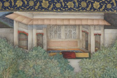 Detalj fra keiser Jahangir med hellige menn i en hage, ca. 1615 (ugjennomsiktig wc og gull på papir) av Abul Hasan