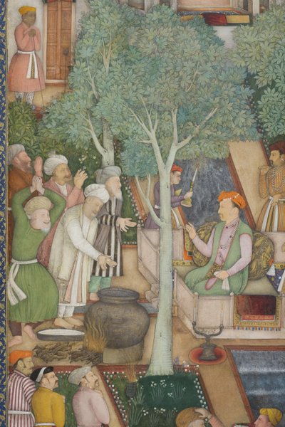 Detalj fra keiser Jahangir med hellige menn i en hage, ca. 1615 (ugjennomsiktig wc og gull på papir) av Abul Hassan Ghaffari