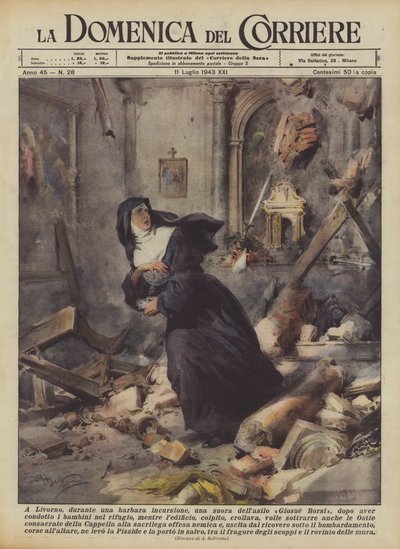 I Livorno, under et barbarisk raid, en nonne fra Giosue Borsi barnehage, etter å ha ledet? av Achille Beltrame