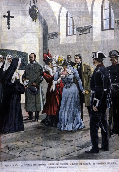 I Madrid blir en ung kvinne, Mademoiselle Ubao, revet ut av livet til en nonne i et kloster der hun var etter forslag fra jesuittene. Illustrasjon av Beltrame. Domenica del corriere. 1901. av Achille Beltrame