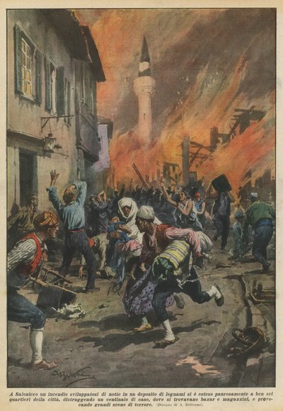 I Thessaloniki spredte en brann som brøt ut om natten i et tømmerlager seg skremmende? av Achille Beltrame