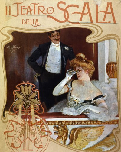 Et par plasser i et omkledningsrom på Teatro alla Scala. Den unge kvinnen observerer scenen med en kikkert. Illustrasjon av Achille Beltrame. av Achille Beltrame