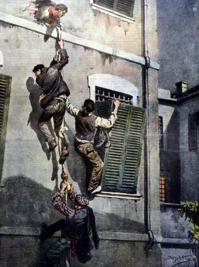En vågal flukt av fire innsatte fra Asti fengsel etter å ha brutt gjennom muren. Tegning av Beltrame. La Domenica del Corriere. 1902 av Achille Beltrame