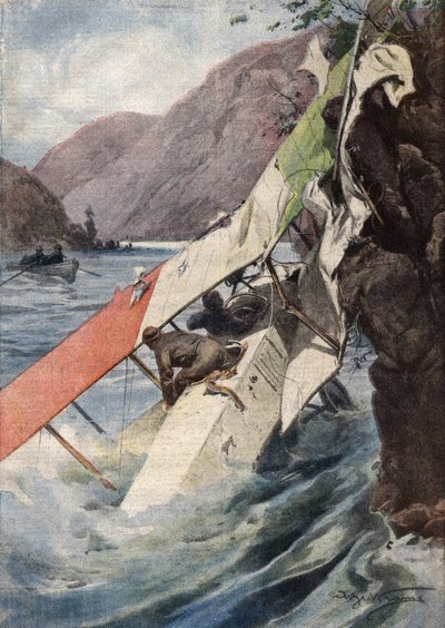 En dramatisk rekognoseringsflukt: etter en kamp, uten motor eller propell, klarte to flyvere overraskende å nå de italienske linjene og falt i Isonzo-elven. ill. de Beltrame. La Domenica del Corriere. 10/1917. av Achille Beltrame