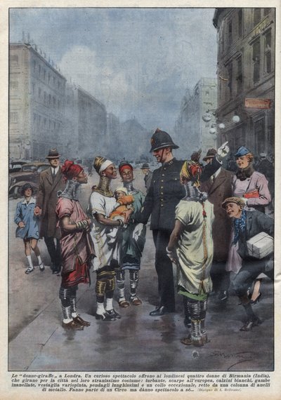 En gruppe kvinnesiraffer fra Burma spør seg vei til en engelsk politimann (politimann) i London, de er kledd i turban, tunika, ringer rundt halsen og bena. Illustrasjon av Achille Beltrame i "La domenica del Corriere"" av 26.04.1937. av Achille Beltrame