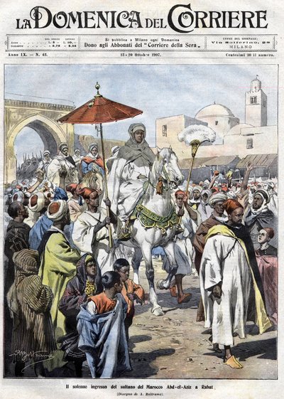 Abdelaziz (Al-Hassan Muhammed Al-Hasani Al-Alawi) Koblingen i Marokko ble utvist i oktober 1907 (Marrakesh) av Achille Beltrame