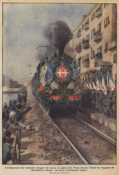 Akkompagnert av den rørende hyllingen av folket, reiste kroppen til den første dronningen av Italia? av Achille Beltrame