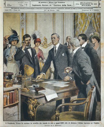 Den amerikanske presidenten Woodrow Wilson setter i gang telegrafisk detonasjon som rev den siste barrieren til Panamakanalen 6000 kilometer unna, av Achille Beltrame (1871-1945), fra La Domenica del Corriere av Achille Beltrame