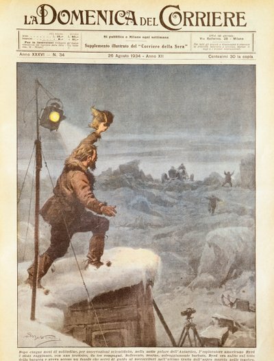 Amerikansk oppdagelsesreisende, Richard E Byrd, får selskap av ledsagere i Antarktis etter å ha vært alene i fem måneder, av Achille Beltrame, illustrasjon, illustratør Achille Beltrame (1871-1945), fra La Domenica del Corriere, 26. august 1934 av Achille Beltrame