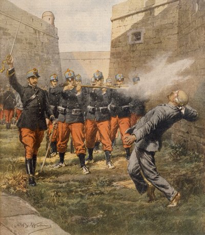 Anarkisten Francesco Ferrers død ved skytegruppe i Barcelona fengsel, av Achille Beltrame, illustrasjon, illustratør Achille Beltrame (1871-1945), fra La Domenica del Corriere, oktober 1909 av Achille Beltrame
