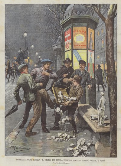 Nød og smerte ignorert, dramaet til den lille italienske figurmakeren Aristide Borelli, i Paris av Achille Beltrame
