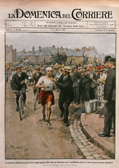 Ankomst av Dorando Pietri (1885-1942) i maraton, London-OL, illustrasjon av Achille Beltrame fra La Domenica del Corriere, 2.-9. august av Achille Beltrame