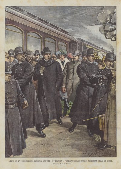 Ankomst av M ° og Mascagni-orkesteret i New York, politimenn beskytter Mascagni mot? av Achille Beltrame