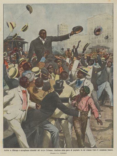 Ankomst til Chicago og triumfvelkomst av den svarte Johnson, vinner av boksekonkurransen? av Achille Beltrame