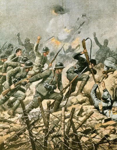 Assault on Mount Ortigara, av Achille Beltrame (1871-1945), illustrasjon fra La Domenica del Corriere av Achille Beltrame