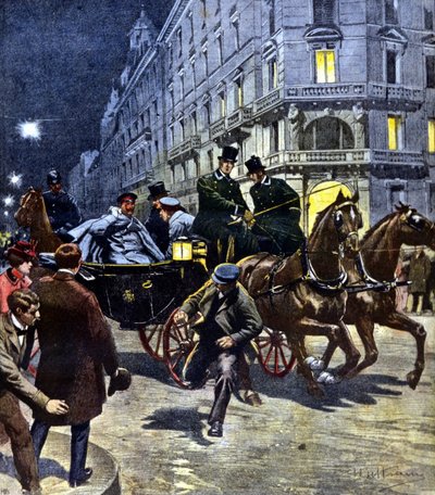 Angrep mot den tyske keiseren Wilhelm II (1859 - 1941) under bussturen hans til Bremen stasjon, om kvelden 6.03.1901. Illustrasjon av Beltrame. Domenica del corriere. 17.06.1901. av Achille Beltrame