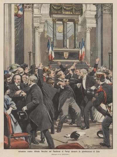 Angrep på Alfredo Dreyfus i Pantheon i Paris under glorifiseringen av Zola av Achille Beltrame