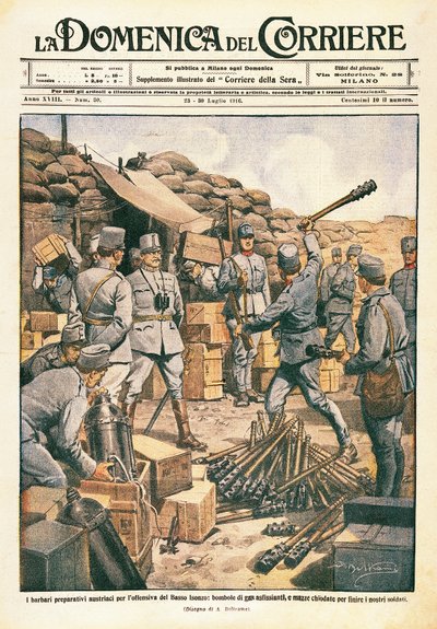 Østerrikske barbarer forbereder seg til offensiven på Nedre Isonzo, illustrasjon fra La Domenica del Corriere, 23. juli av Achille Beltrame