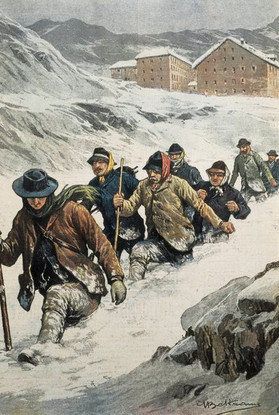 BELTRAME, Achilles (1871-1945). Italienske arbeidere som krysser St. Bernard-passet mellom Aosta og Sveits. Omslag av "" La Domenica del Corriere"". 14.02.1904. Litografi. av Achille Beltrame