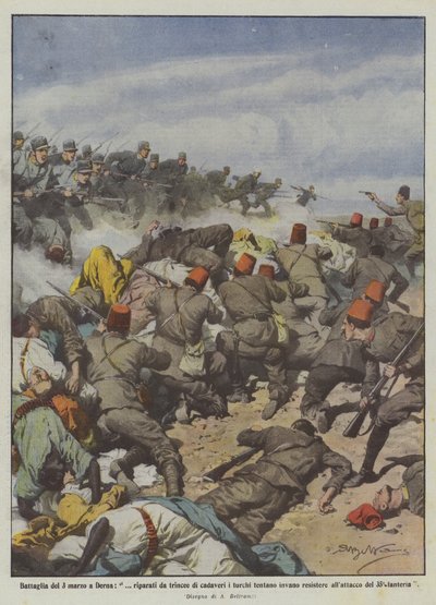 Slaget den 3. mars i Derna, i ly av skyttergraver med lik prøver tyrkerne forgjeves å motstå? av Achille Beltrame