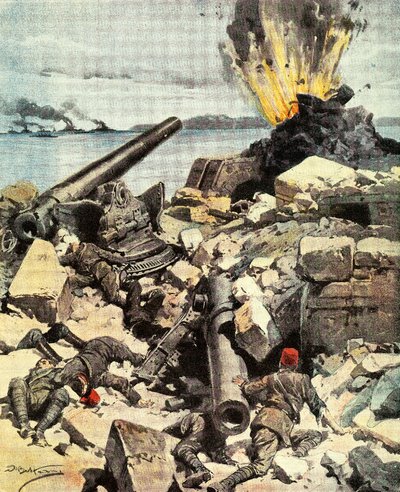 Slaget ved Dardanellene, anglo-fransk flåte ødelegger Dardanellenes fort for å bryte stredet og ankomme Konstantinopel, av Achille Beltrame (1871-1945), illustrasjon fra La Domenica del Corriere, 14.-21. mars av Achille Beltrame