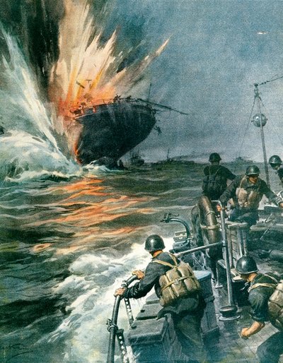 Britisk handelsskip senket av italienske MAS i Middelhavet 3. august av Achille Beltrame