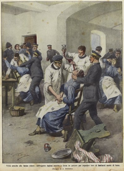 Britiske suffragetter blir tvangsmatet i fengsler av Achille Beltrame