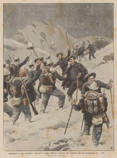 Nyttårsaften i høyfjellet, møte mellom italienske og franske alpine tropper ved grensen med en temperatur på -16 ° av Achille Beltrame