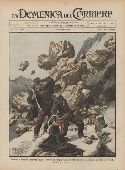Carabinieri på vakt i Castelmagno (Cuneo) overrasket over fallet på toppen av et fjell? av Achille Beltrame