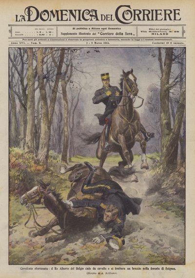 Uheldig tur faller kong Albert av Belgia fra hesten og bryter armen i Soignes-skogen av Achille Beltrame