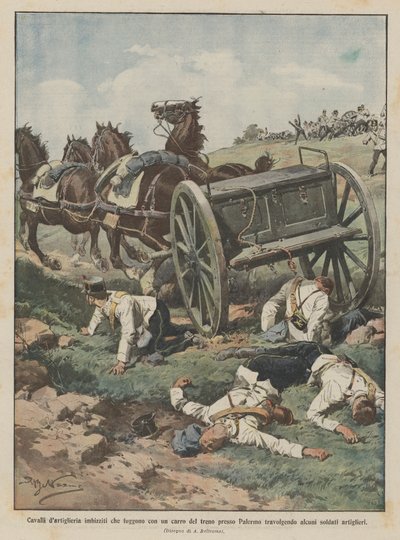 Polstrede artillerihester som flykter med en togvogn nær Palermo overveldende? av Achille Beltrame