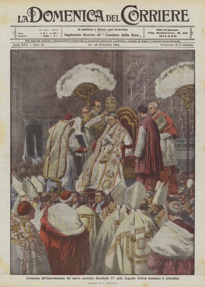 Seremoni for kroningen av den nye pave Benedikt XV i Det sixtinske kapell søndag 6. september av Achille Beltrame
