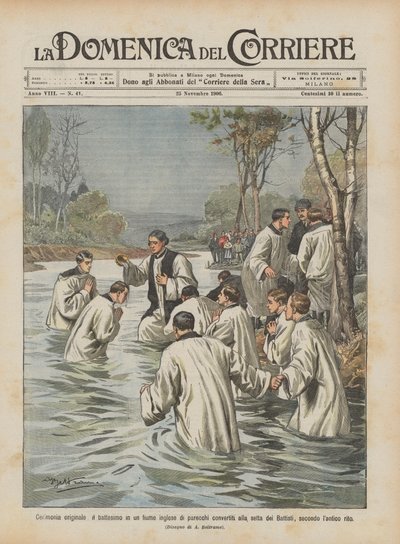 Original seremoni, dåpen i en engelsk elv av flere konvertitter til sekten av? av Achille Beltrame