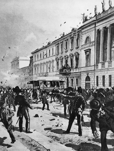 Sammenstøt mellom demonstranter og politi i Milano, Corso Venezia, foran Palazzo Saporiti, 7. mai av Achille Beltrame